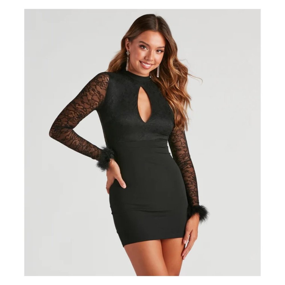 Sultry Lace Feather Trim Mini Dress (NWT)